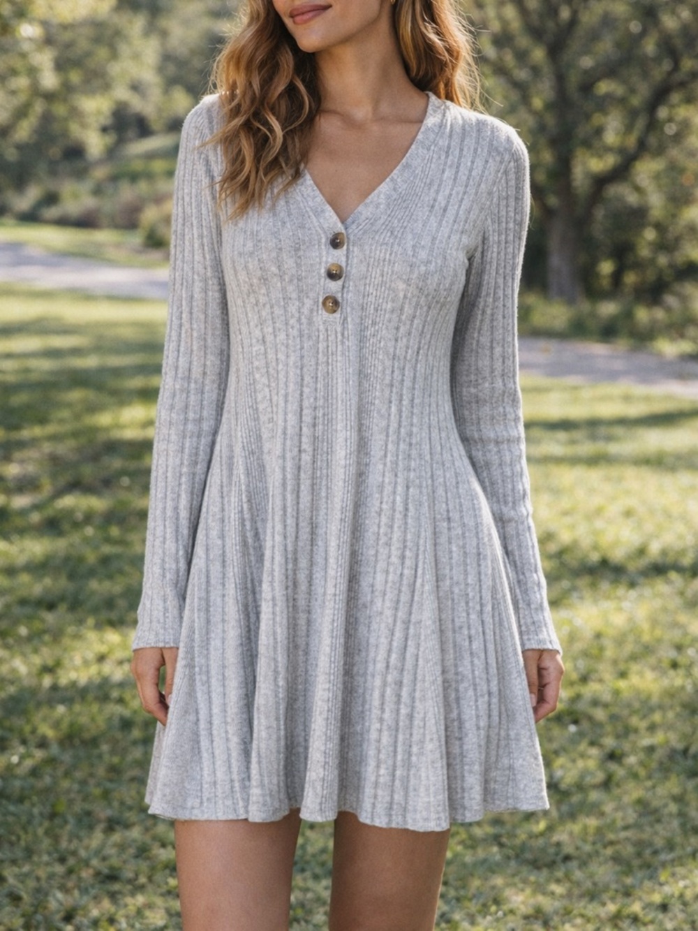 Rue 21 Heather Gray Ribbed Knit Dress L Button Front Fit & Flare Long Sleeve